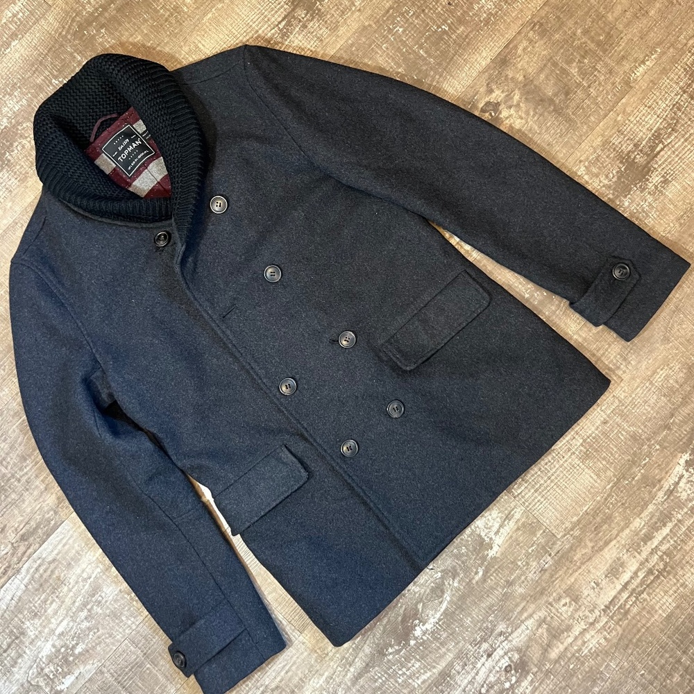 Topman Men's Wool Short Peacoat | Large | Grey Slim Fit